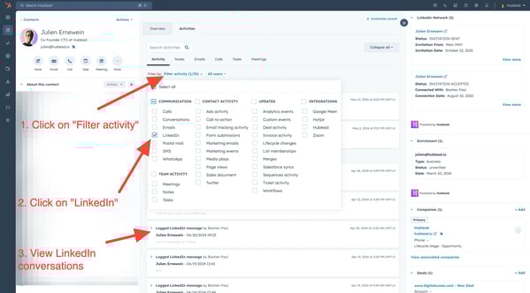 sync_linkedin messages in hubspot