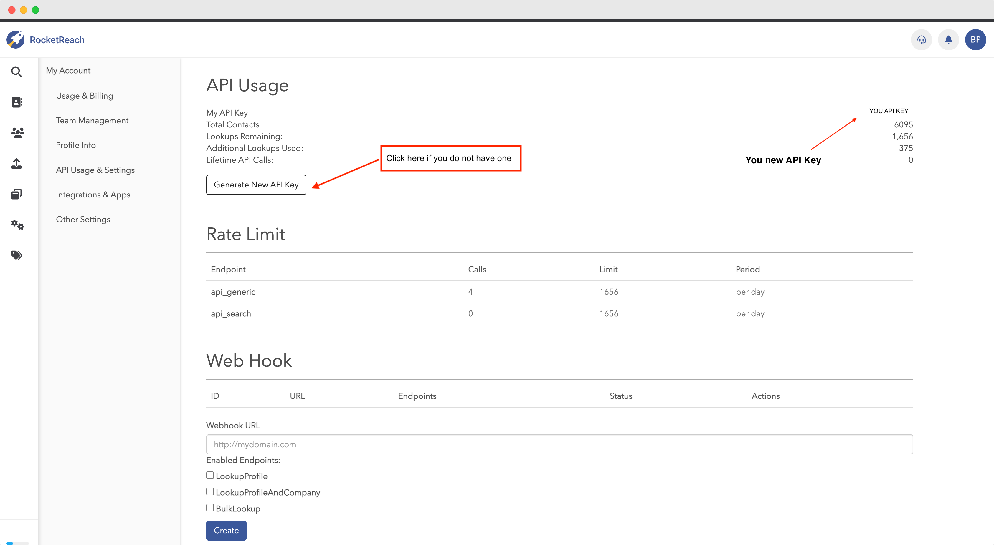 Create an API Key in Rockt Reach