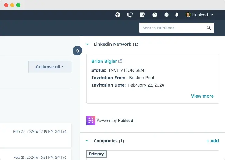 LinkedIn connection status on the CRM card