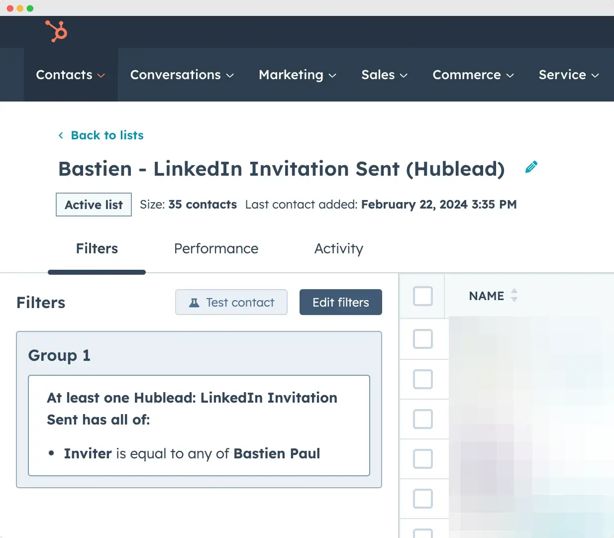 hubspot contact list with linkedin invitation accepted