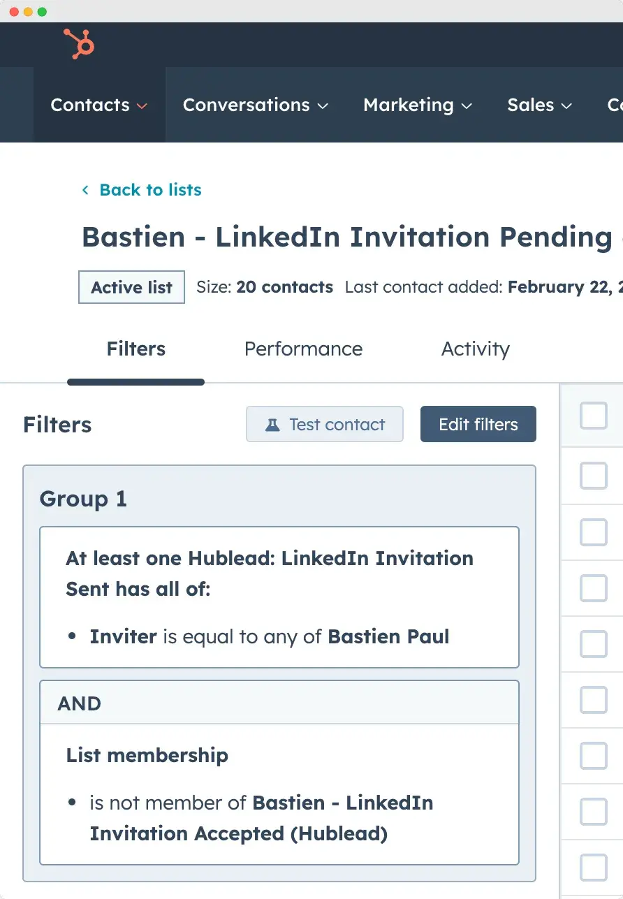 hubspot contact list with linkedin invitation sent